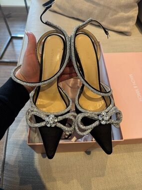 Mach & Mach satin Black Crystal Bow Pointed Toe Slingback Heels